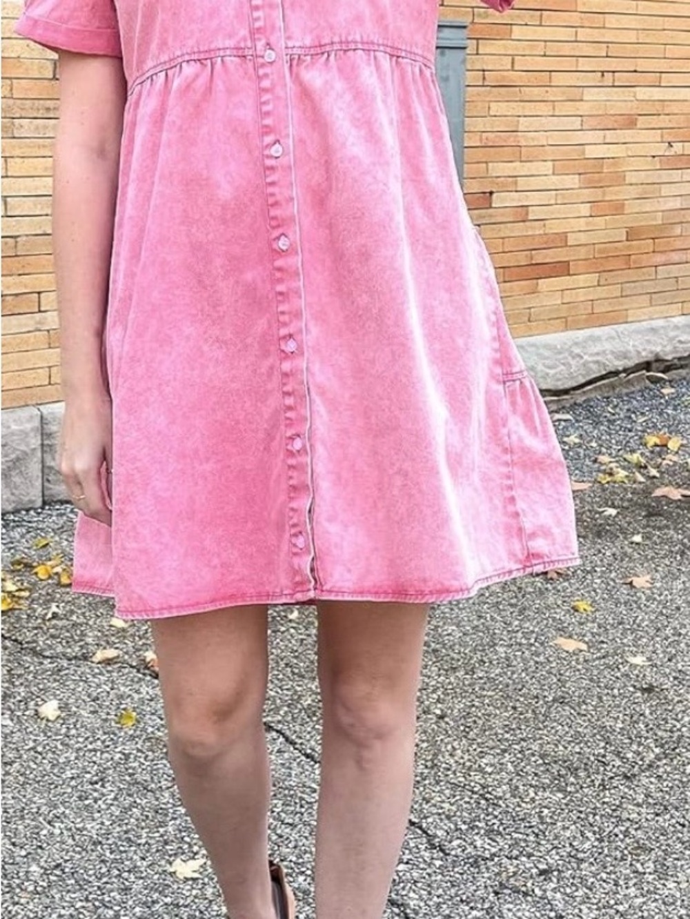 NWOT- Women’s Casual Short Sleeve Pink Tiered Denim Babydoll Dress- Medium - Picture 3 of 11